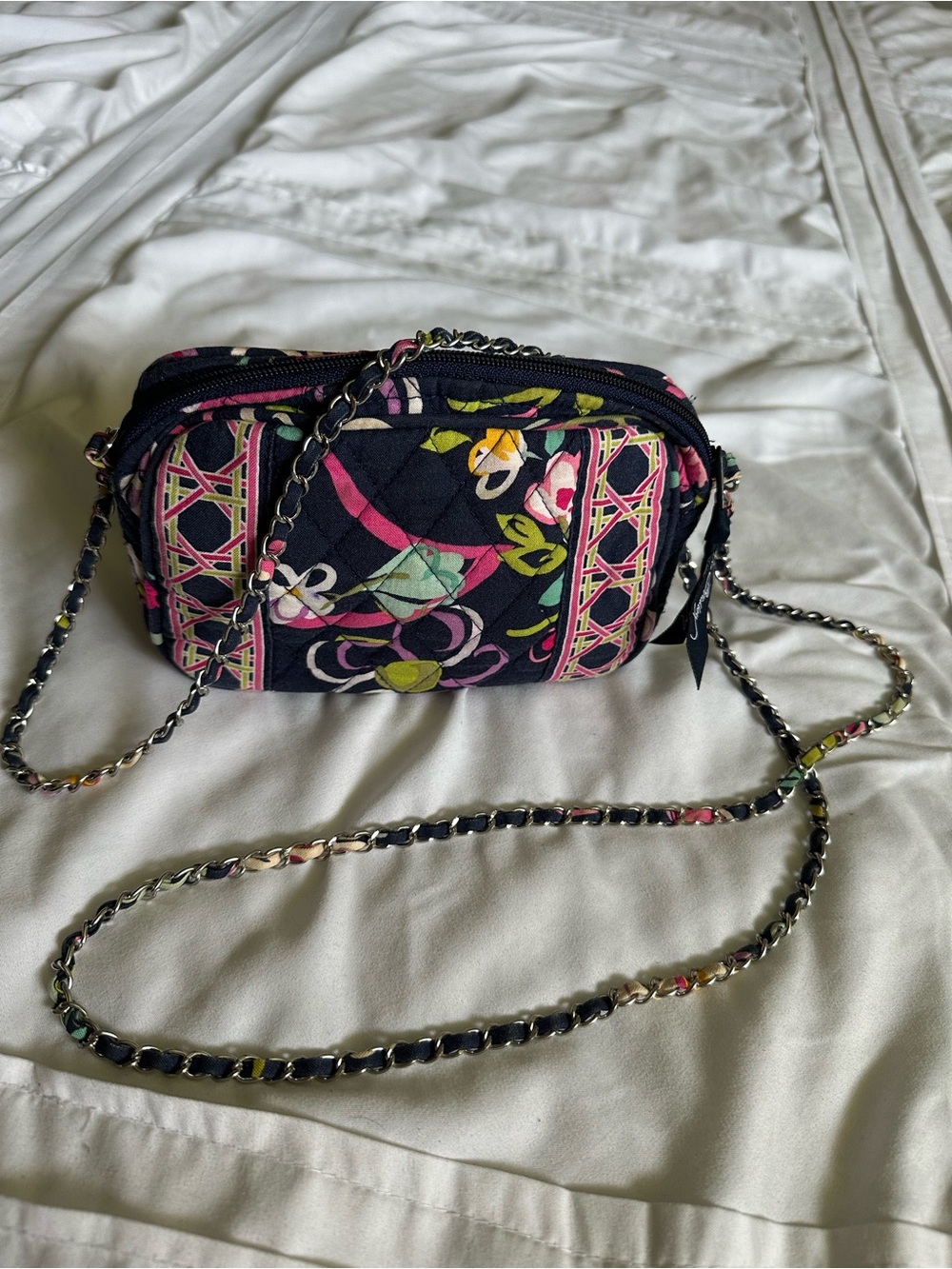 Vera Bradley Quilted Floral Crossbody Bag in Navy Blue and Pink